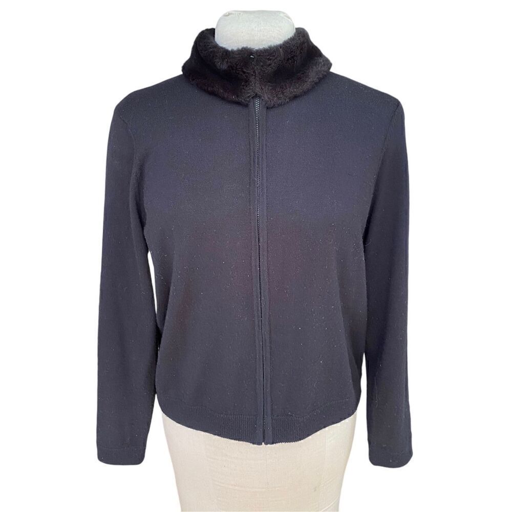 Nina Leonard Classic Zip Cardi w/Faux Fur Collar Sz L Long Sleeve Wool Blend